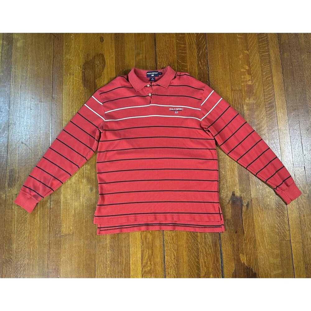 Polo Sport Ralph Lauren Men's Red Striped Lg Long Sleeve Cotton Polo Shirt Y2K